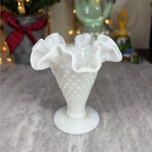 Vintage Fenton Hobnail Milk Glass Vase Ruffled Edge